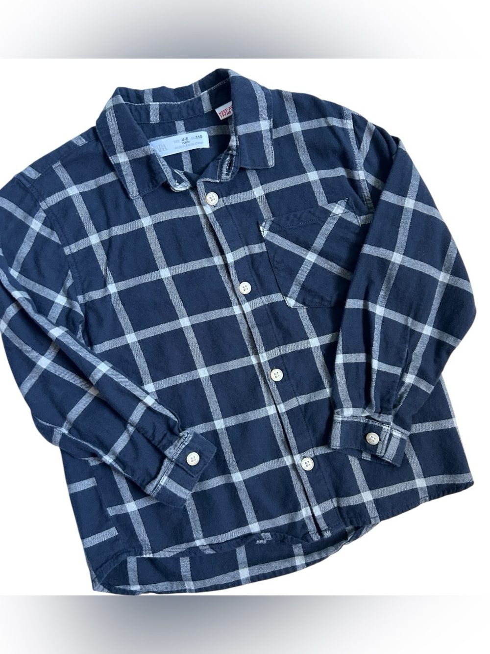 ZARA Boys Long-Sleeve Navy Plaid Button-Up Shirt